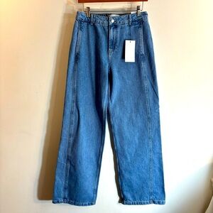ZARA Sz 4 Wide Leg Seame Mid Wash Straight Leg High Rise 100% Cotton Heans NEW
